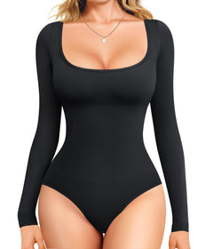 Nebility Black Long Sleeve Bodysuit Tummy Control Shapewear Square Neck Body Suits for Womens Slim Fit（SmallBlack）