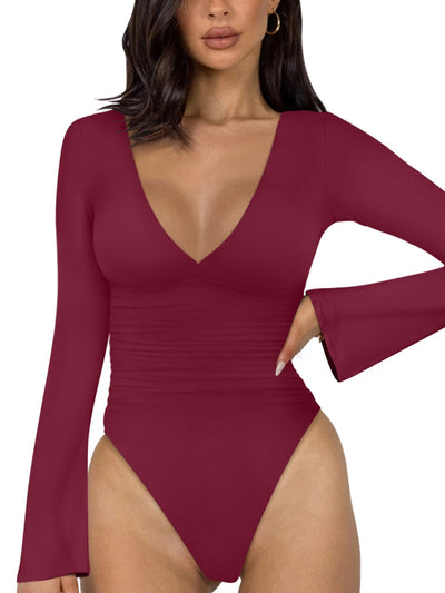 REORIA Womens V Neck Bell Long Sleeve Bodysuits Comfy Double Lined Trendy Body Suits(Burgundy Medium)