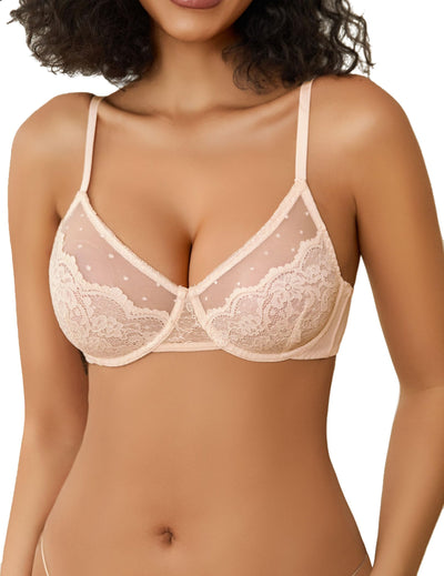 Avidlove Lace Bras for Women Sheer Balconette Underwire Unlined Everyday Bras Lingerie Champagne XXL